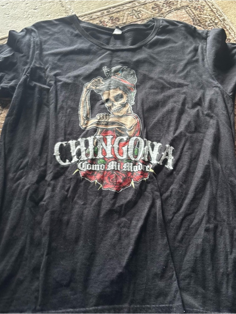 Black Graphic Tee with 'Chingona' Skull Design